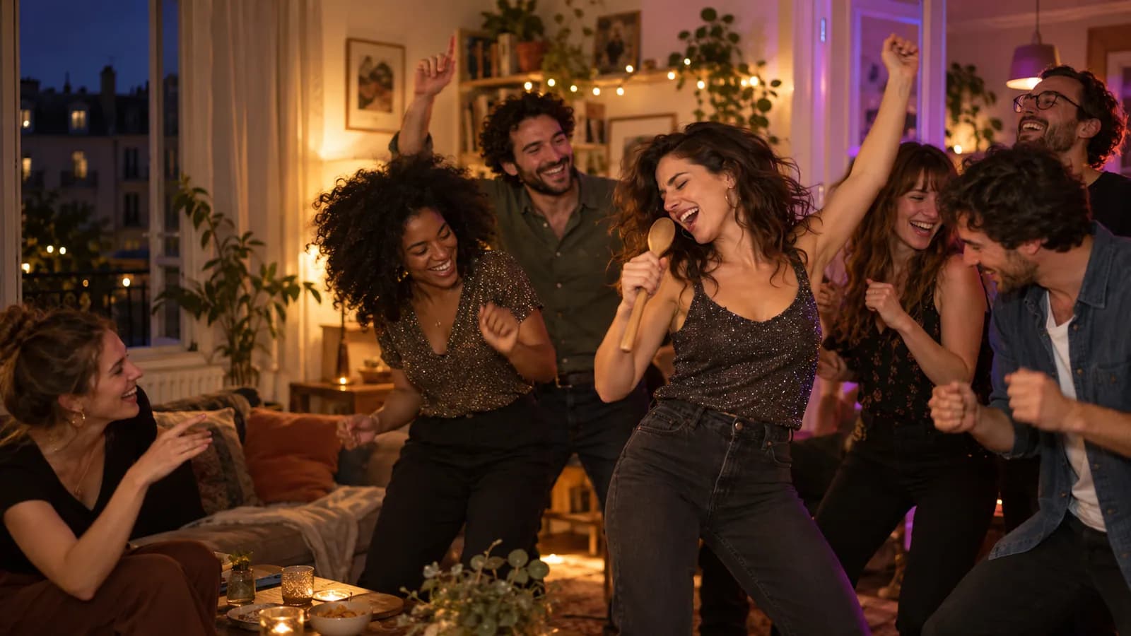 Des amis rient et dansent dans un salon ; une amie chante dans une cuillère en bois.
